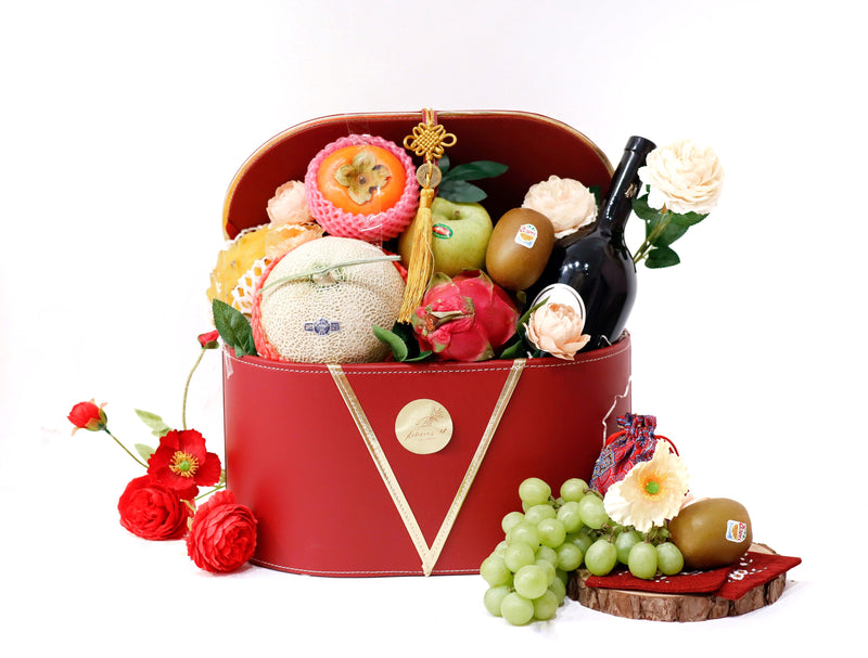 French Red Wine Fruit Basket with Deluxe Leather Gift Hamper