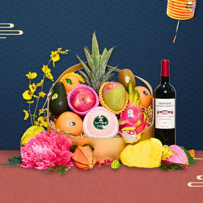 Sweet Golden Deluxe Mid-Autumn Fruit Hamper with Wine or Champagne