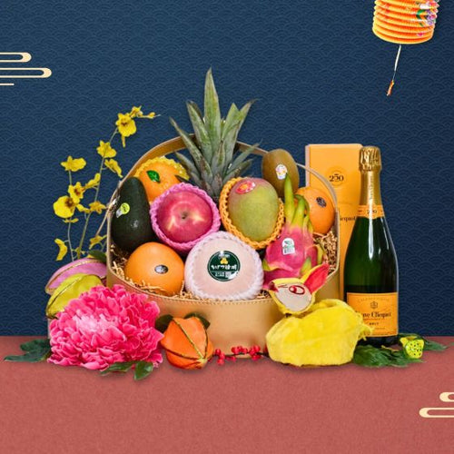 Sweet Golden Deluxe Mid-Autumn Fruit Hamper with Wine or Champagne