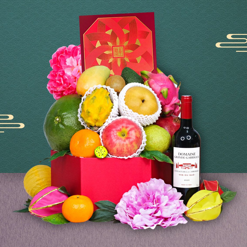 Bright Moon Fruit Gift Box With The Peninsula Mooncake (4pcs) with Wine