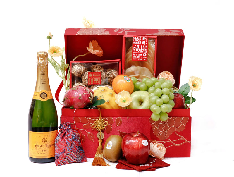 Gold Blossom Fruit & Gourmet Hamper with Champagne