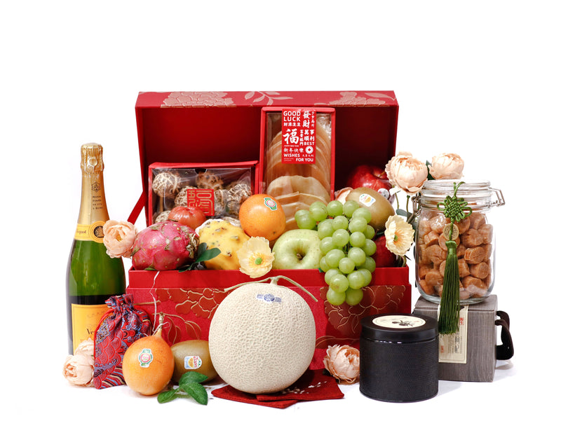 Premium Gold Blossom Fruit & Gourmet Hamper with Champagne